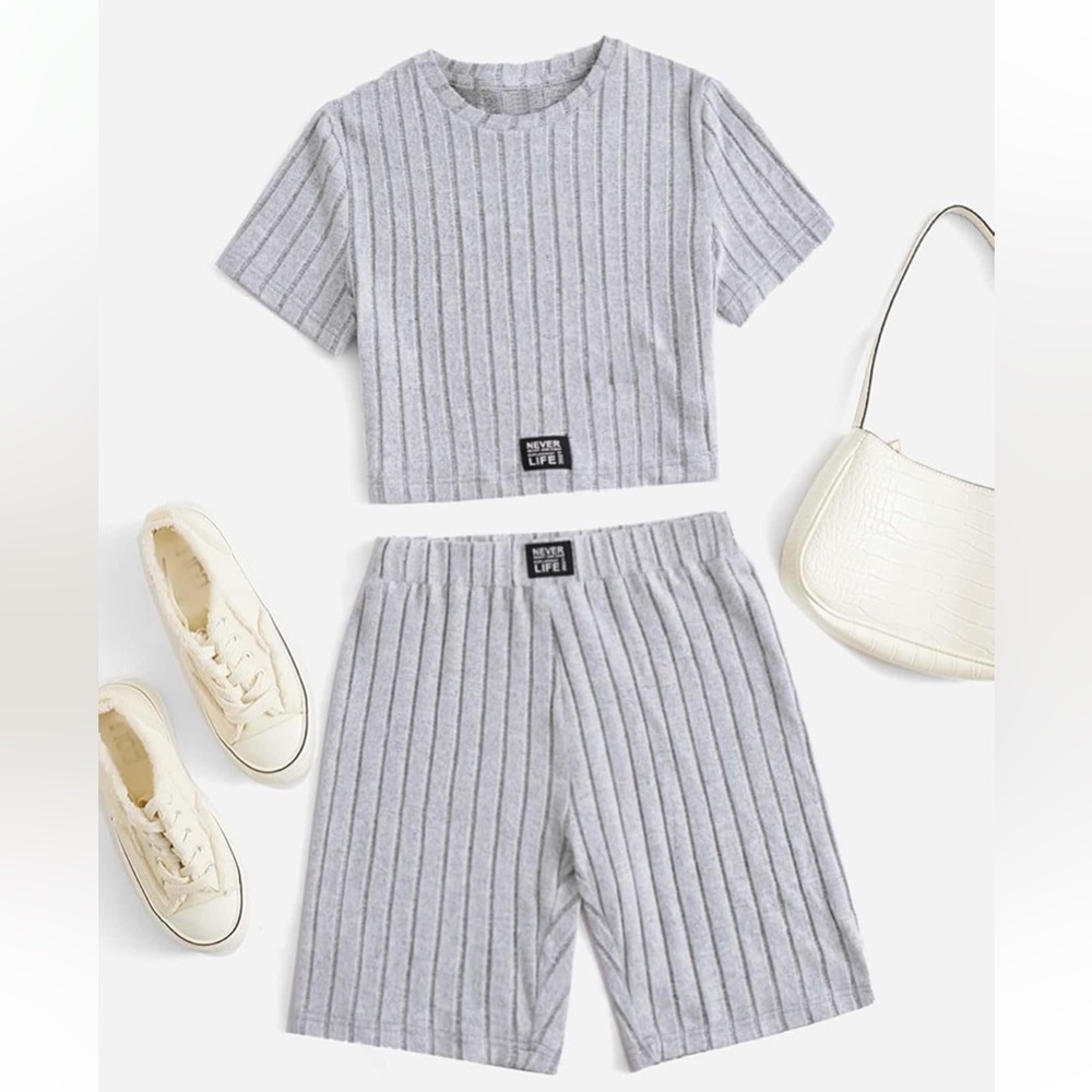 NWT No Label Size S 2pc Light Gray Ribbed Shorts Set